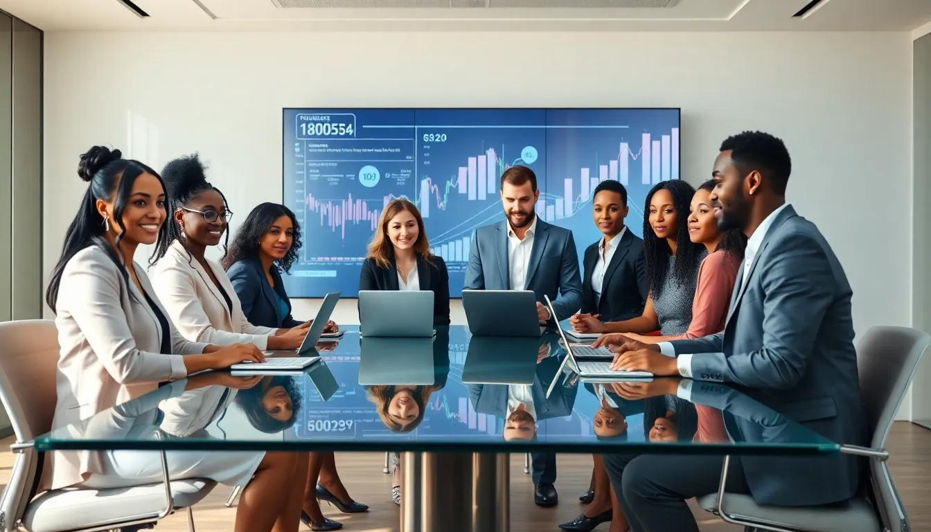 diverse professionals discussing technology in a modern conference room.